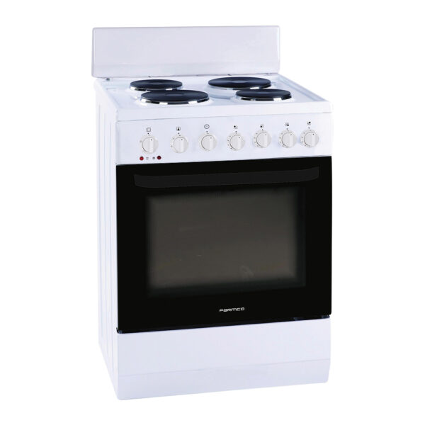 Parmco 600mm Freestanding Stove, Solid Plate Cooktop, Electric Oven, White