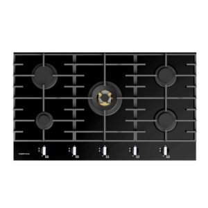 Parmco 900mm Hob, 4 Burner + Wok, Gas, Black Glass