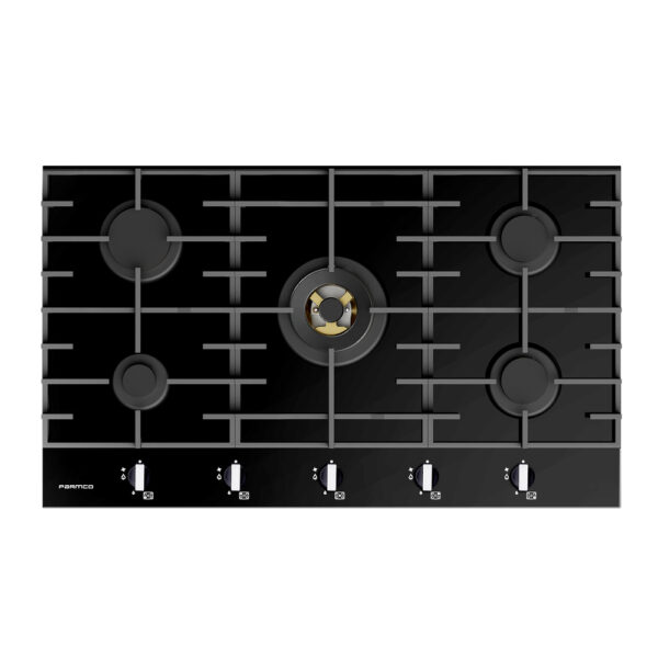 Parmco 900mm Hob, 4 Burner + Wok, Gas, Black Glass